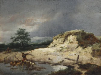 Dünenlandschaft mit Schäfer und seiner Herde